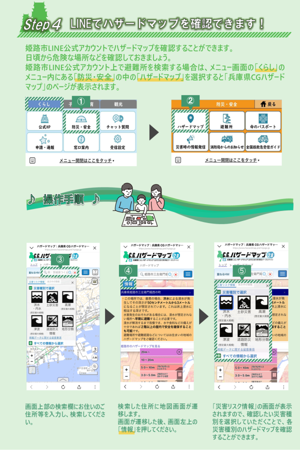 市公式LINEメニュー画面内の「くらし」内の「防災・安全」の「ハザードマップ」を選択することで兵庫県CGハザードマップのページに移動し、各種ハザードマップを確認することが可能。