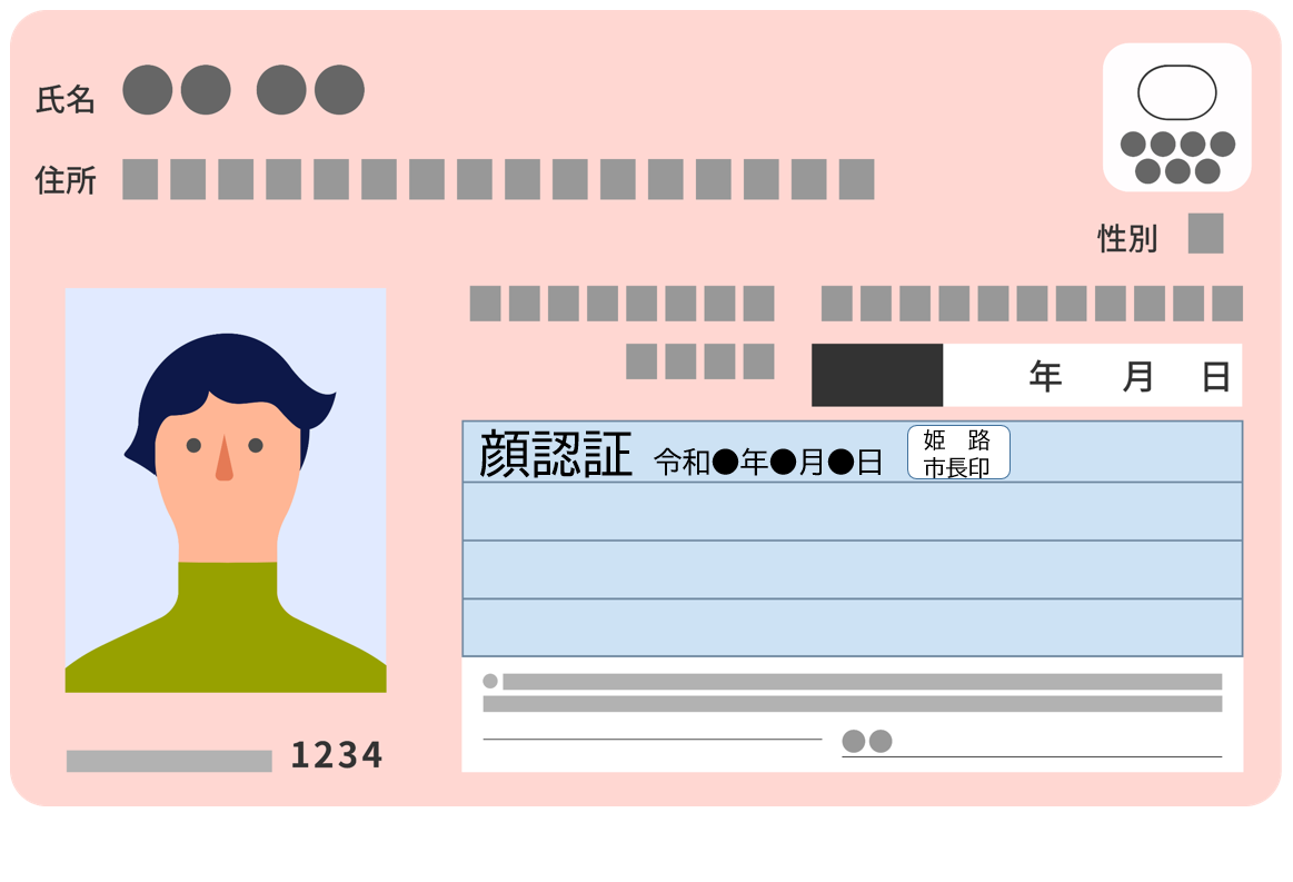 顔認証マイナンバーカードのイメージ図。顔写真の右下に「顔認証」という文字と受付日が印字されます