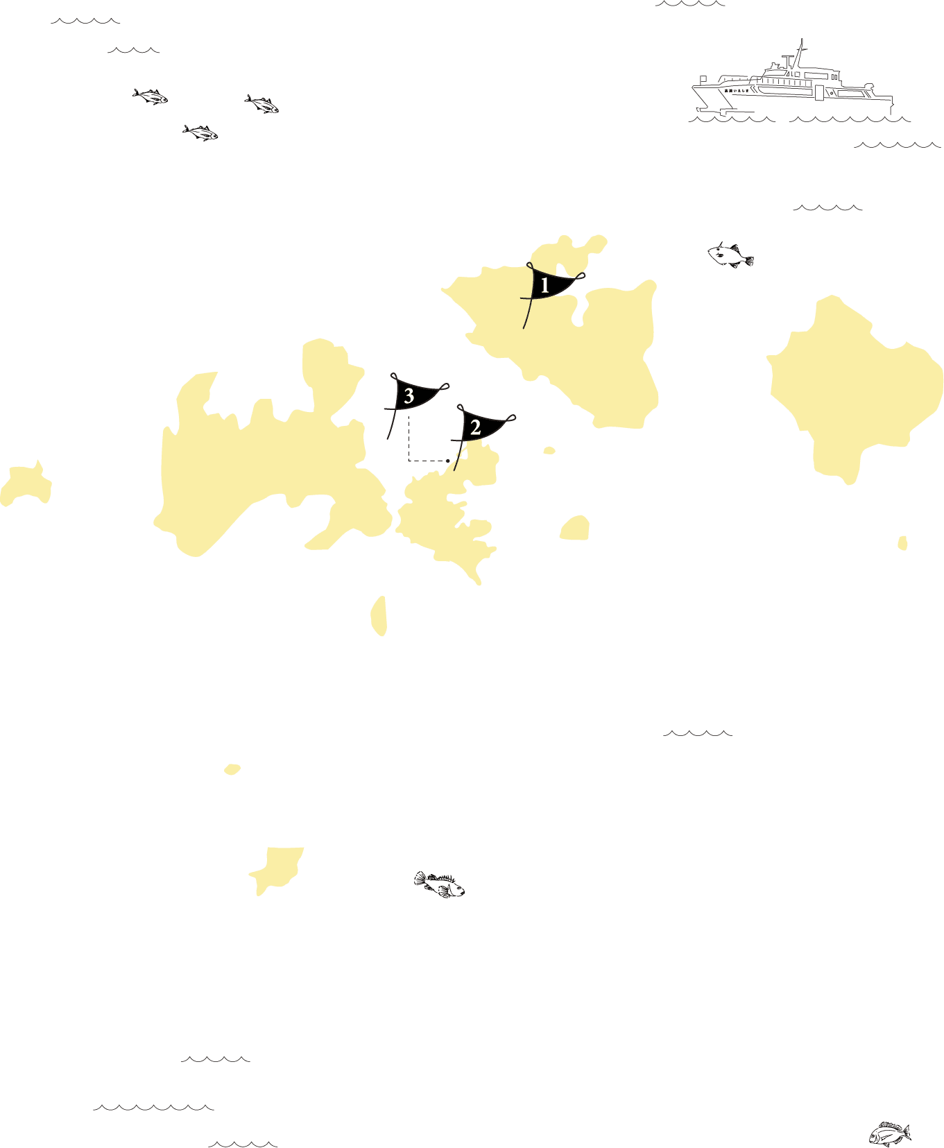 家島諸島の地図 姫路から出ている高速フェリー、家島諸島近海で夏に釣れる魚のイラスト