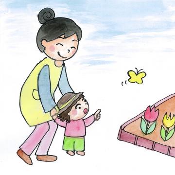 保育士に手を繋いでもらった1歳児が花壇の蝶々を指さしているイラスト