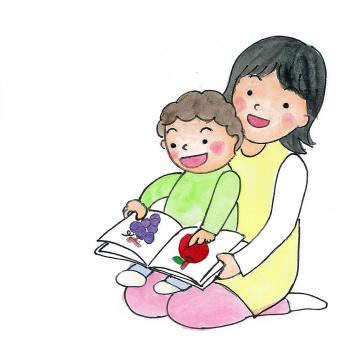 2歳児が保育士の膝に座り絵本を見ているイラスト