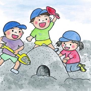 4歳児が友達3人で砂場でトンネルを作って遊んでいるイラスト