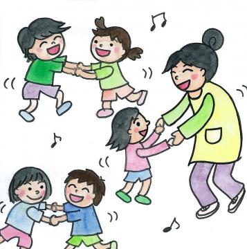 保育士と子どもたちが楽しくダンスをしているイラスト