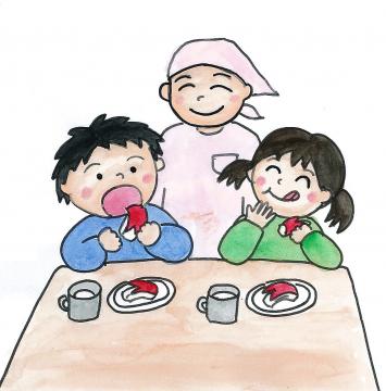 保育士に見守られながら子どもたちがおやつを食べているイラスト