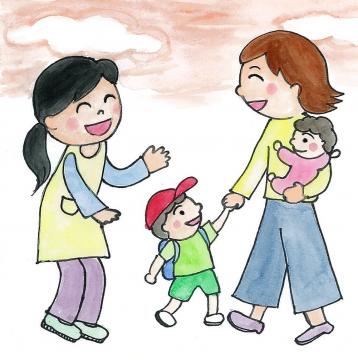 母親が子どもを迎えに来て保育士と挨拶をしているイラスト