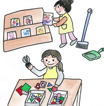 保育士が絵本やおもちゃの整理をしているイラスト