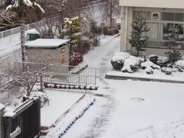 児童玄関前の雪景色の写真