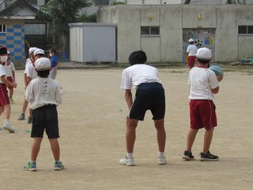 小学生と一緒にドッジボールをする中学生の写真