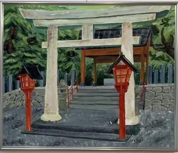 早朝の神社の絵