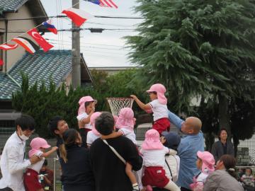 園庭で4歳児たちが親子で玉入れする様子