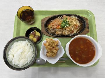 トレーに盛り付けられたご飯やお汁、主菜や副菜など献立の画像 