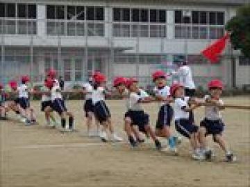紅組の子供たちが綱を引く様子