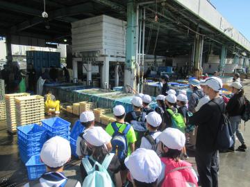 市場を見学する児童の写真
