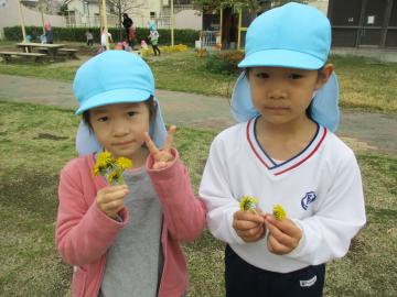 摘んだタンポポを持ってポーズをする子供