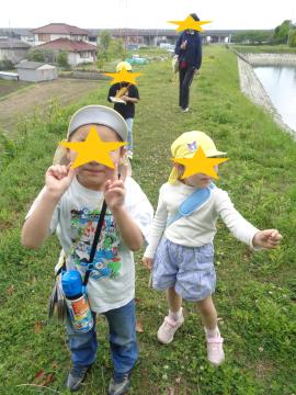 黄色の小さな花を見付けた園児