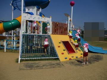 4歳児5歳児が天満公園に遠足にいっている様子