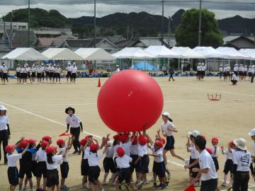 赤組が大玉を送っている様子