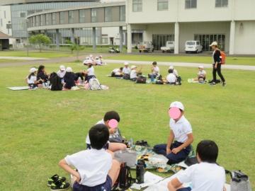 しばふ広場で弁当を食べる4年生