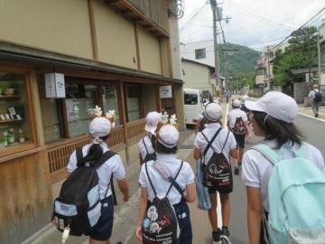 班ごとに嵐山を目指して歩く6年生