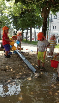 樋に水を流す幼児