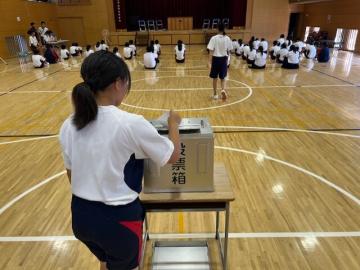 生徒会選挙での投票箱へ投票している姿です