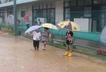 傘をさして、雨の中散歩をしているところ