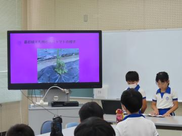 農園の野菜の様子を発表する児童