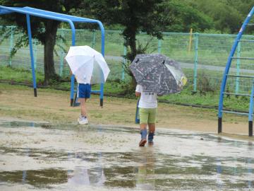 傘をさしながら探検している1年生の様子