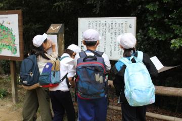 書写山でウォークラリーに参加し、場内の掲示板を見る児童たちの様子