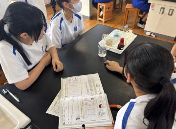 教室内での理科の実験中の生徒たちの様子