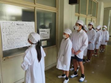 給食当番が健康チェックをするようす