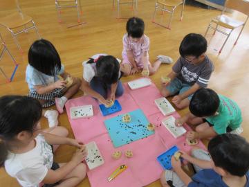 収穫したヘチマの種の数を幼児が数えているところ