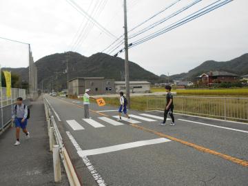 交通ボランティアの方の誘導のとおり、横断歩道を渡っている様子。