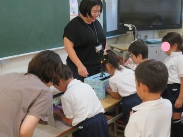 ブラックライトをあててよごれを確かめる1年生