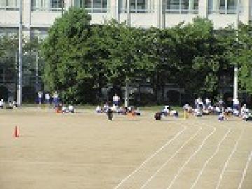 トラックレーン上の草抜きをする様子