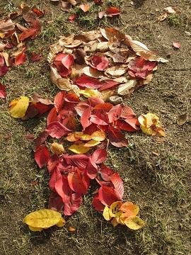 落ち葉を使って地面に作ったアンパンマン