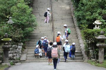 摩尼殿に向かう長い階段を登る児童たちの様子