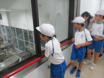 工場の製造ラインを見学する子どもたちの様子