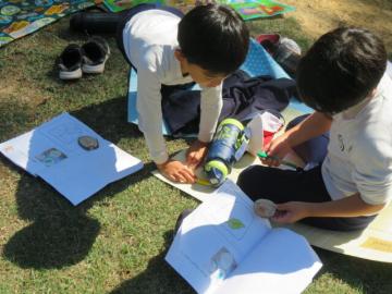 デザイン画を確かめながら絵を描く3年生