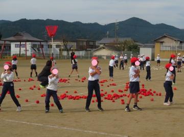 校庭で低学年の児童が玉入れをしている様子
