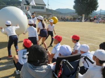 校庭で中学年大玉運びの様子