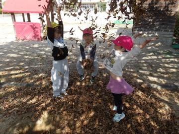 幼児が落ち葉を上へ飛ばして遊ぶ様子