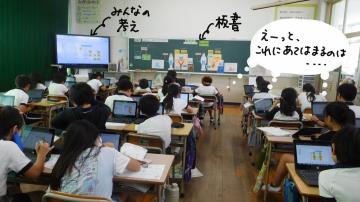 児童が黒板に向かって学習している様子。机の上には学習用のタブレット型端末があります。