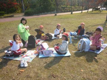 屋外芝生で班ごとに児童たちが昼食を食べる様子