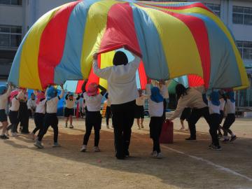 園庭でパラバルーンをしている園児たちの様子
