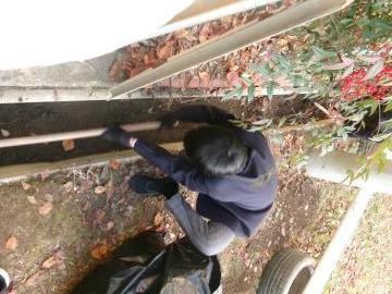 生徒が、側溝の土をあげています。