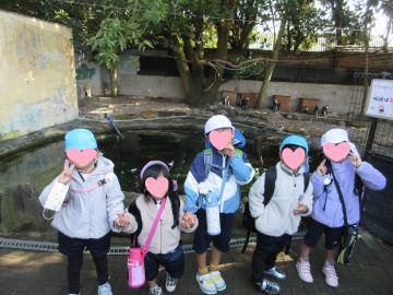 園内でペンギンと一緒に写真を撮る園児たちの様子