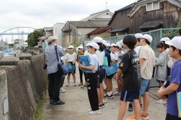 網干史談会の方が網干川を見ながら6年生に昔の川の姿を説明する様子
