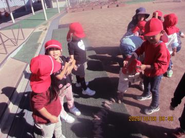 3歳児が屋外で掘った芋を数えている様子