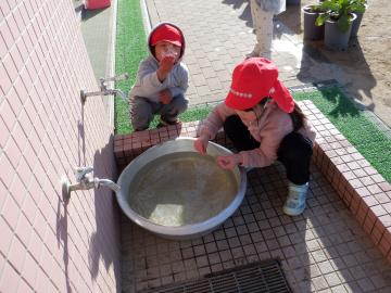 タライにできた氷を発見した幼児